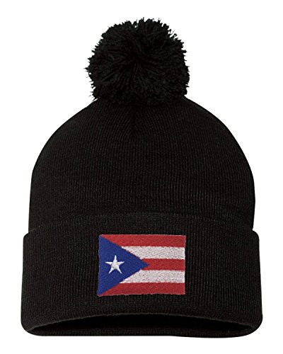 One Size Black Pom Puerto Rico Flag Embroidered Knit Beanie Pom Cap