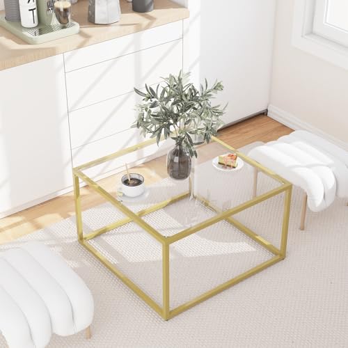 YMYNY Glass Coffee Table, Tempered Glass Square Coffee Tables with