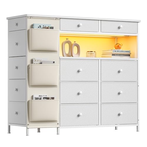 Image of 13 Drawer Dresser for Bedroom with LED Lights and 3 Side Pockets, Cupboard Island with 2 Open Shelves, Fabirc Dressers & Chests of Drawers, Living Room, Entryway, Sturdy Steel Frame & Wood Top, White