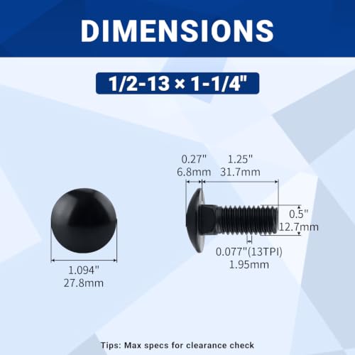 Image of 1 /2-13 x 1-1 /4 inch Black Carriage Bolts with Nuts and Washers Kits (8 Sets), 304 Stainless Steel 18 /8, Black Finish, Round Head, Square Neck, Heavy Duty Bolts, Indoor Outdoor Fastening Bolts, Fayeploo