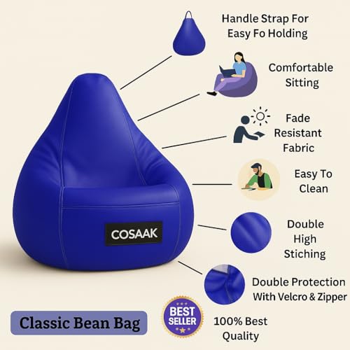 Image of Bean Bag Cover, Faux Leather, 66 x 86 x 112 cm, Indoor Gaming and Reading Chair (Blue, XXL, Solid)