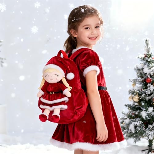Image of Gloveleya Plush Backpacks Toddler Backpack Removable Doll and Backpack Christmas Gifts Baby Girl Gift For 2 to 8 Years Girl Birthday Gifts With Red Doll