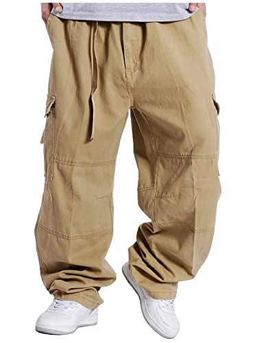 Kinghua Mens Baggy Cargo Pants Casual Loose Fit Elastic Waist Cotton Twill Cargo Pants