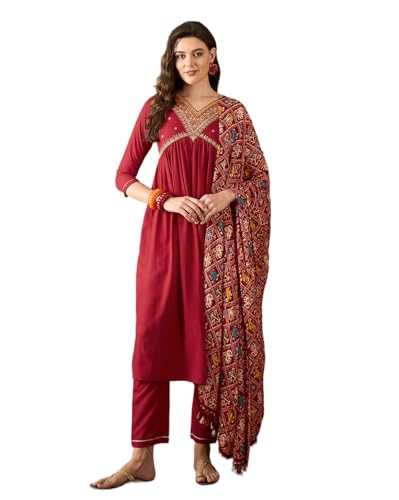 Image of SheWill Women's Mustard American Crepe Zari Sequence Embroidered Alia Cut Kurta with Pant and Dupatta