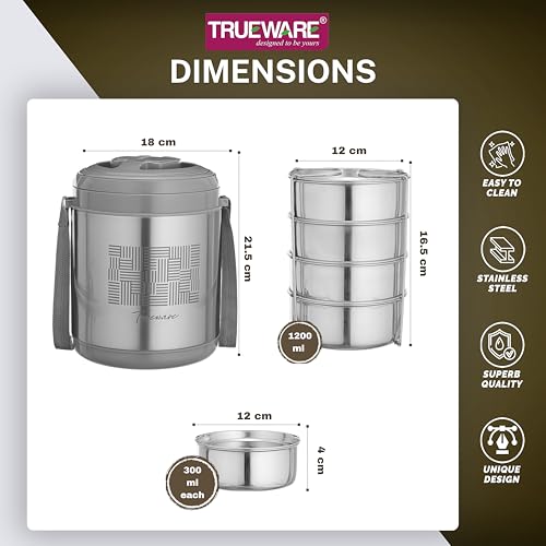 Image of Trueware Legend 4 Stainless Steel PU Insulated Hot and Cold Lunch Box with 4 SS Container 300 ML Each