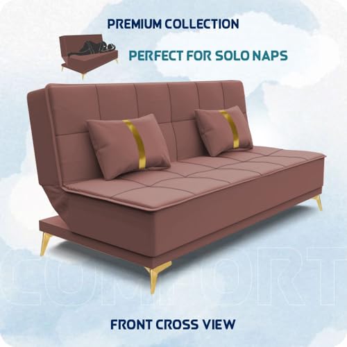 Image of Adorn India Premium New Alyssum 3 Seater Sofa Cum Bed 4X6 Velvet Suede with 2 Cushions (Color Pink) and Suitable for All Indoor, with 3 Years Warranty