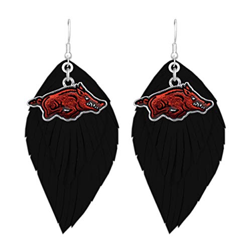 Arkansas Razorbacks Red Black Boho Leather Feather Wire Earrings Jewelry Gift UA