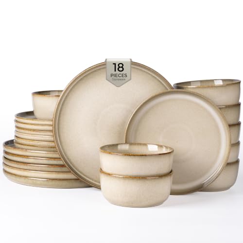 Image of GBHOME Dinnerware Sets for 6, 18 Pieces Stoneware Plates and Bowls Sets, Scratch Resistant Dishes, Dishwasher & Microwave Safe, Reactive Glaze