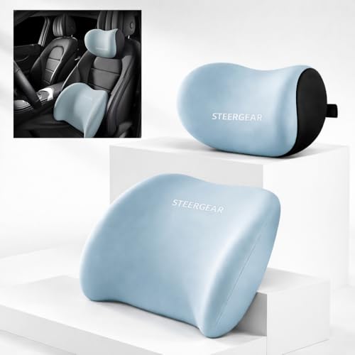Image of Car Neck Rest Pillow & Lumbar Support Pillow - 100% Memory Foam Ultra Soft Car Seat Cushions | Relieves Neck & Back Pain While Reducing Driving Fatigue (Blue)