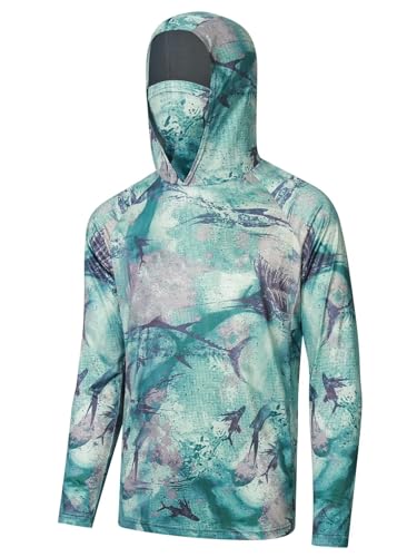 Men's UPF50+ Sun Protection Hoodie Shirt Fashion Loose Long Sleeve Rash Guard Casual Fishing Shirt with Face Mask Plus Size