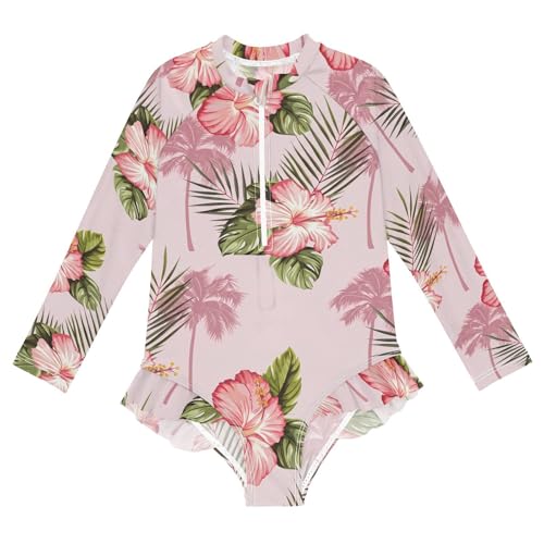 J JOYSAY Hibiscus Palm Leaves Pastel Girls One Piece Swimsuits Long Sleeve UPF 50+ Rash Guard Kids Swimwear 3-12 Years