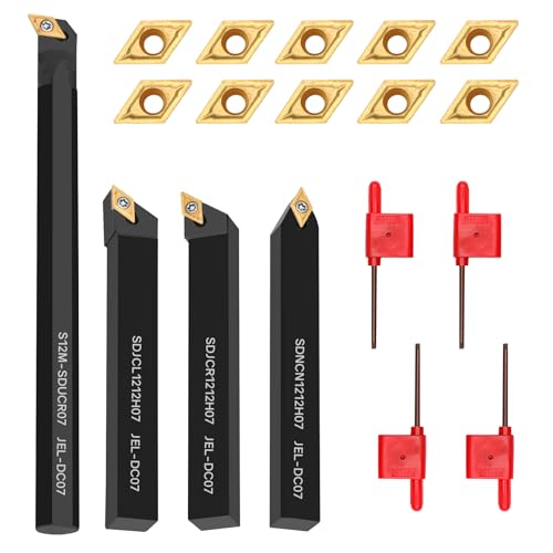 Indexable Lathe Turning Tool 1/2" 12mm Shank 14PCS Kit-4PCS Metal Lathe Tools Holder 10PCS DCMT21.51 Carbide Insert for Grooving Turning Boring SDNCN12120H07/SDJCR1212H07/S12M-SDUCR07/SDJCL1212H07