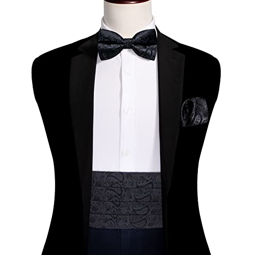 Image of Barry.Wang Men Silk Paisley Cummerbund and Pre-tied Bowtie Handkerchief Cufflink Set for Tuxedo
