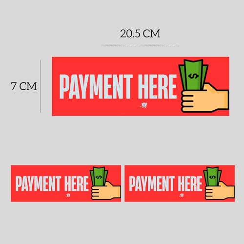 Image of Pay Here Sign Sticker Board (20.5 x 7 cm) - Peel & Stick with 4 Corner Holes - Easy Fix for Wall, Counter & Shop - Pack of 2 (Pay Here, Small - 20.5 X 7 CM)