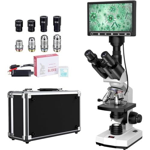 Research-Grade Lab Trinocular Compound Microscope for Adults with 40X-2500X Magnification, 7'' LCD Screen, Thermostat Mechanical Stage, Built-in 5MP Camera for Laboratory School (White)