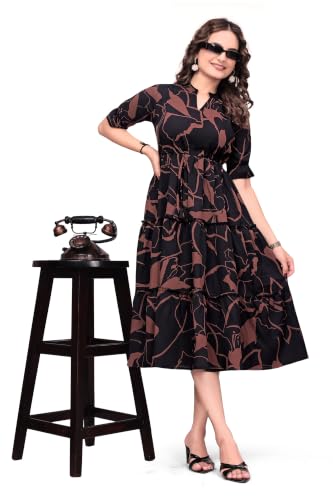 ANIRAYA Women's Stylish Printed Rayon Midi Dress for Casual A-Lin...