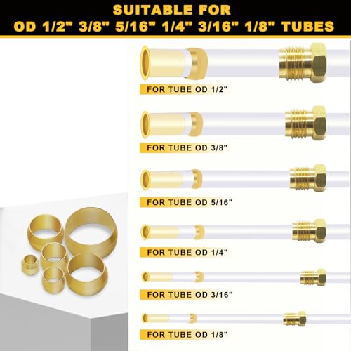 Image of Siptenk 228PCS Brass Compression Sleeves Ferrules Kit Lines for Air, Water | 6 Sizes 1 /2 inch 3 /8 inch 5 /16 inch 1 /4 inch 3 /16 inch 1 /8 inch Hose Compression Fitting Brass Ferrule lines for Fuel, Oil and Inert Gases