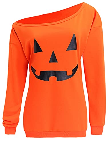 Image of Women Halloween Pullover Shirts Slouchy Pumpkin Long Sleeve Sweatshirts Off Shoulder Tops