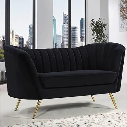 Expert AntiqueExpert Antique Wood Velvet Mid-Century Modern Chesterfield Sofa 2 Seater Couches Sleeper Sofa with Golden Metal Legs for Living Room Bedroom Office (Black, Two_Seater_Sofa)