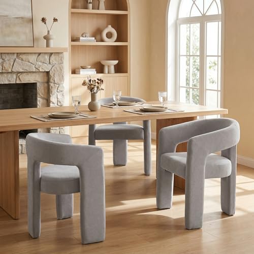 Image of HNY Modern Barrel Kitchen & Dining Room Chairs Set of 3, Chenille Upholstered Accent Chairs with Arm, 18.5'' Wide Side Armchairs Vanity Chairs for Living Room Bedroom Makeup Small Spaces, Grey