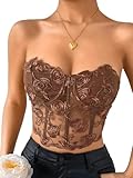 Kaei&Shi Lingerie Top for Women,Underwire Floral Embroidered Sexy Crop Tops,Spaghetti Strap Club Rave Bustier Brown X-Large
