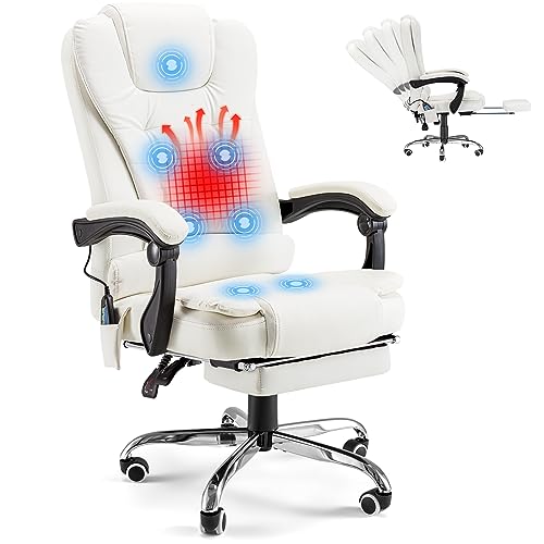 YODOLLA Ergonomic Reclining Office Chair with 7 Massage Points and Heat Function, Leather Executive Home Desk Chair w/Retractable Footrest, High Back Swivel Computer Chair, Cream White