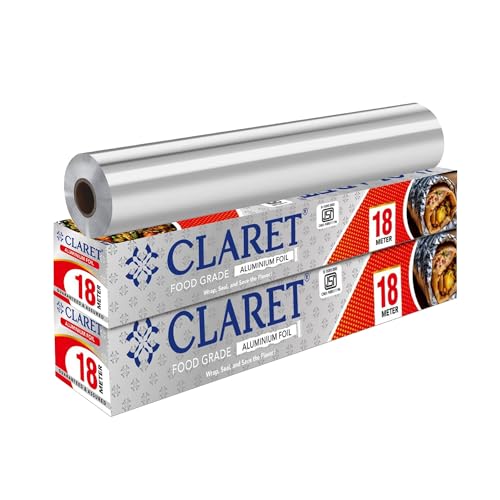 Image of Claret Food Grade Aluminium Foil Roll | 18 Meter | Kitchen Foil for Wrapping Roti Snacks Tiffin | Durable and Hygienic Foil Paper (Pack of 2)