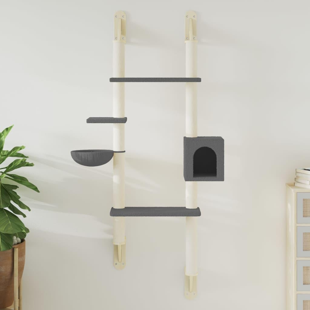 Tiragraffi da parete per gatti, grigio scuro, 180 cm, colonna tiragraffi con sisal, torre per gatti con cestino, casa e superfici di riposo, per piccoli spazi moderni, risparmia spazio sul