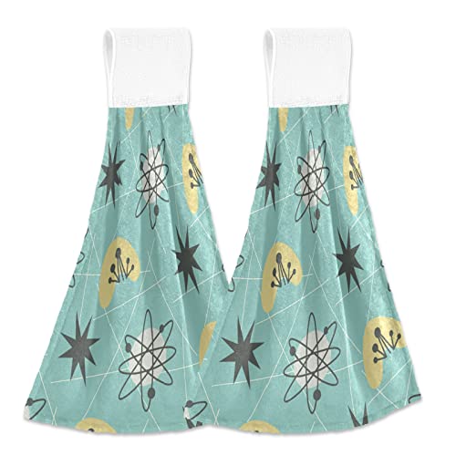 Boccsty Mid-Century Modern Pattern Hanging Kitchen Towels 2 Pieces 1950s Retro Style Atomic Hand Bath Yowels Dish Towels Tie Towel Tea Towels for Bathroom Farmhous Housewarming Home