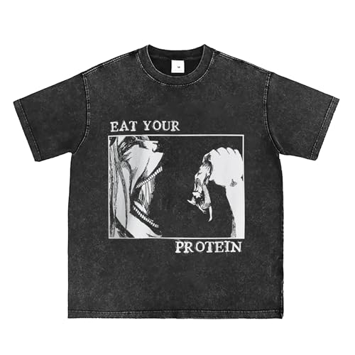 Retro AOT T-Shirt Eat Your Protein Shirt Japanese Anime Pattern Tee M Black