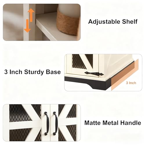 JXQTLINGMU Farmhouse End Table, 24" Large Sofa Side Table with Charging Station, Mesh Barn Door, and Adjustable Storage Shelf, Rustic Wood Square Nightstand for Living Room, Bedroom, Off White