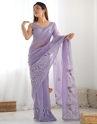 Image of SIRIL Women's Silk Blend Sequence Embroidery Saree With Unstitched Blouse Piece for Wedding and Parties