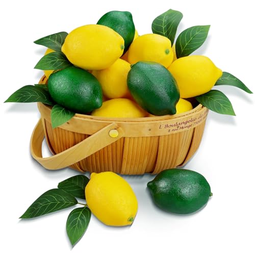 Lot de 24 Artificiels Citrons et Limes avec 24 Feuilles, Faux Citrons Décorations Fruits Réalistes en Plastique, Idéales pour La Cuisine, La Centres, Les...