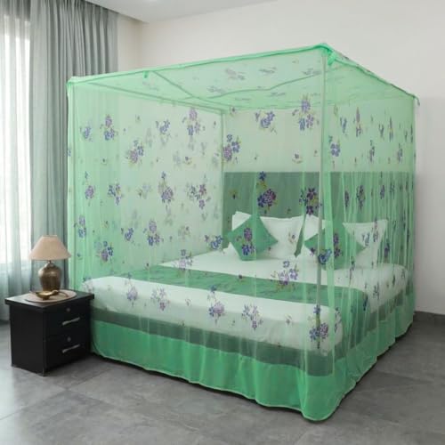 Image of Mosquito Net for King Size Bed - Foldable Square Mosquito Net Double Bed | Mosquito Net for Queen Size Bed | Floral Printed with Base Cloth Mosquitoes Net Sukun Wali Neend (6.5 x 6.5ft, Green)