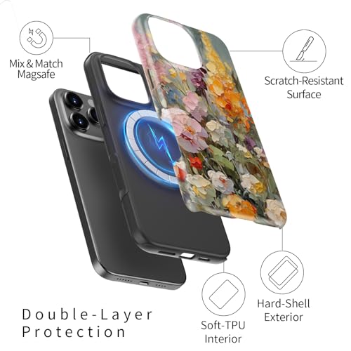 Image of Goodon for iPhone 16 Pro Max Case Cute - Wireless Charging Compatible - Dual-Layer Hard Shell + Silicone Cover - Protective Phone Case with Trendy Designs for Women - Oil Painting Flowers