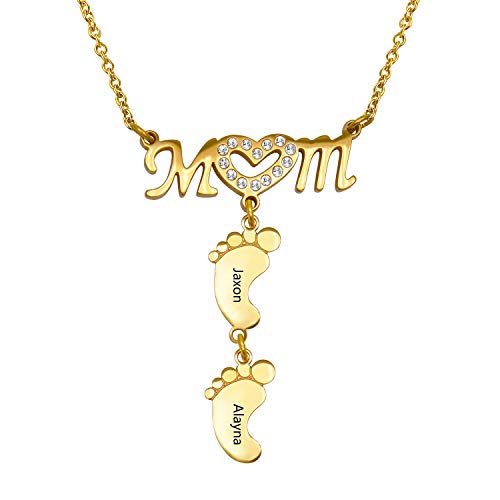 Pezebel Personalized Custom Mom Heart Symbol Necklace and Baby Feet Necklace Gold