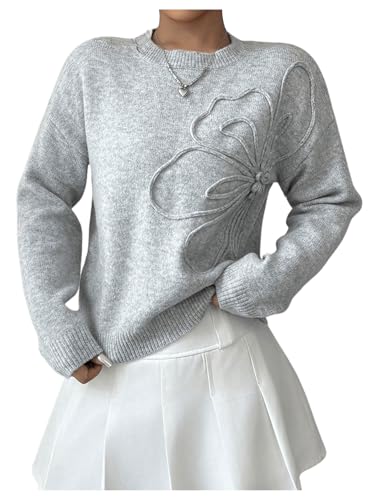 Verdusa Women's Ribbed Sweater Crew Neck Long Sleeve Floral Pullover Sweaters Loose Fit Knit Top