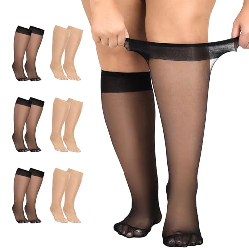 Aaronano 6 Pairs Plus Size Knee High Socks for Women 15 Denier Sheer Nylon Stockings Wide Calf