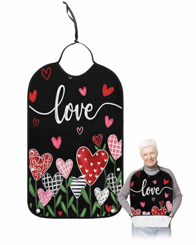 LEOKOTI Valentine Adult Bibs for Eating, Waterproof Bibs with Food Catcher & Adjustable Snap Closure, Love Heart Botanical Classic Black Washable Clothing Protectors Adult Bibs for Elderly Women/Men