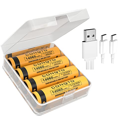Lot de 4 Piles Li-ION Bouton 3,7V Batterie Rechargeable Conqto 20A USB-C 3800mAh pour Lampe de Poche Tactique, sonnettes, Appareil Photo, Petit Ventilateur, équipement sonore.(avec Cordon de Charge) Cover