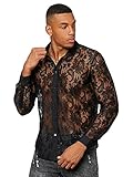 WDIRARA Men's See Through Button Down Collar Shirt Sexy Night Club Party Long Sleeve Glitter Sheer Mesh Casual Top Black Plain S