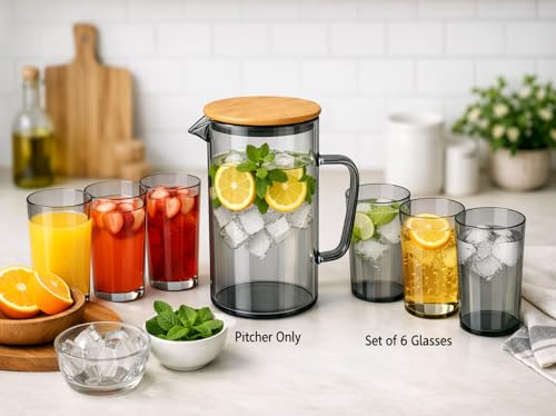Image of bellemax 1.8 Litre Water Jug with Wooden Lid & 6 Black Juice Glasses Set | Premium Glass Water Jug Set for Home Kitchen | Juice, Water, Cold Drink Serving Set | Stylish Beverage Pitcher Set of 7