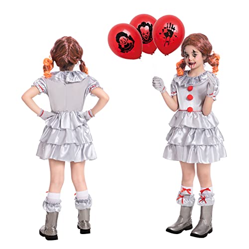 Fooecor Clown Costume For Girls Halloween Scary Clown Costume Dress Up,Clown Makeup Kit Red Nose Included Silver X-Large #TOP3