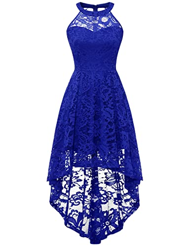 Image of Dressystar Women's Halter Lace Cocktail Wedding Guest Dress Hi-Lo Bridesmaid Party Dresses with Sheer Neckline