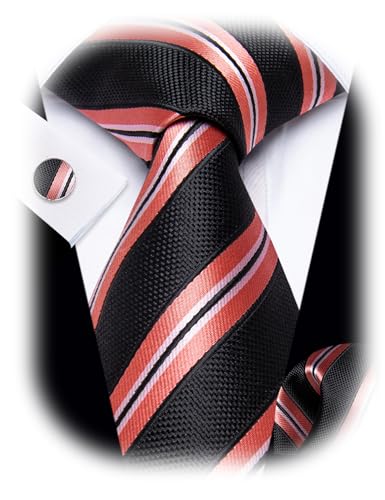 Image of YourTies Striped Ties for Men Classic Woven Silk Necktie with Handkerchief Cufflinks Set Formal Business Party Wedding