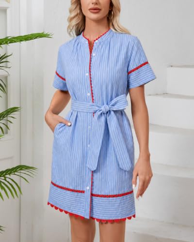 Image of Women's Summer Shirt Dress Short Sleeve Button Down Mini Tie Waist Belted Tunic with Pockets RIC Rac Trim