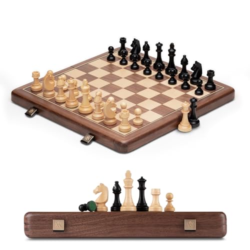 A&A Premium Folding Chess Board Game Set, 15" Wooden Chess Board & 3" King Height Staunton Chess Pieces with 2 Extra Queens, Portable Travel Chess Set (Natural Walnut, 15 Inches)