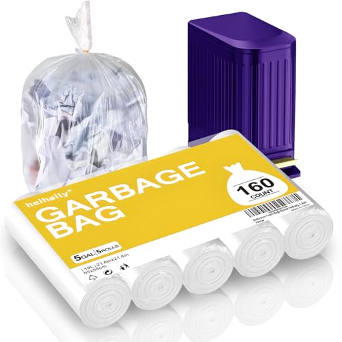 Image of Bathroom Trash-Bags 5-Gallon Garbage Bag - Strong Unscented Clear White Plastic Unscented 160 Counts Disposable Can Liners for Restroom Kitchen Car Waste Basket Heihaily, 5 Roll