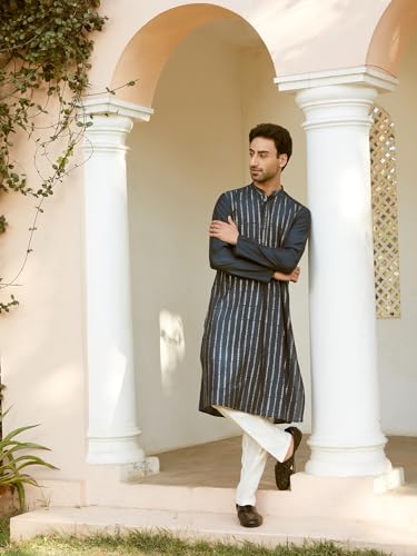 Image of See Designs Men Full Sleeve Chanderi Silk Sequins Mandarin Collar Side Slit Kurta