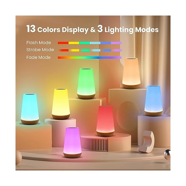 THAUSDAS Night Light, Dimmable Touch Lamp for Bedroom, Portable Table Bedside Lamp, 5 Brightness 13 RGB Colors, Night Lights for Baby Nursery Bathroom - Image 3